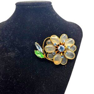 Rare Vintage Jelly Belly Rhinestone Flower Brooch Uranium Glass 1940s